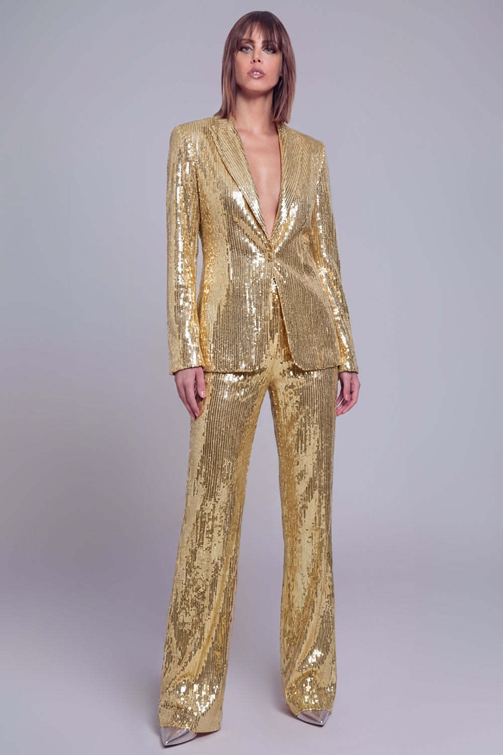 Leely Sparkly Golden Sequined 2 Piece Women Party Tuxedo Shawl Lapel Trouser Suit
