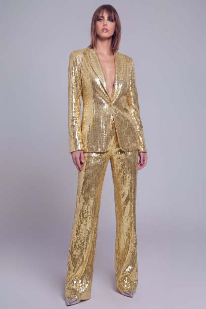 Leely Sparkly Golden Sequined 2 Piece Women Party Tuxedo Shawl Lapel Trouser Suit