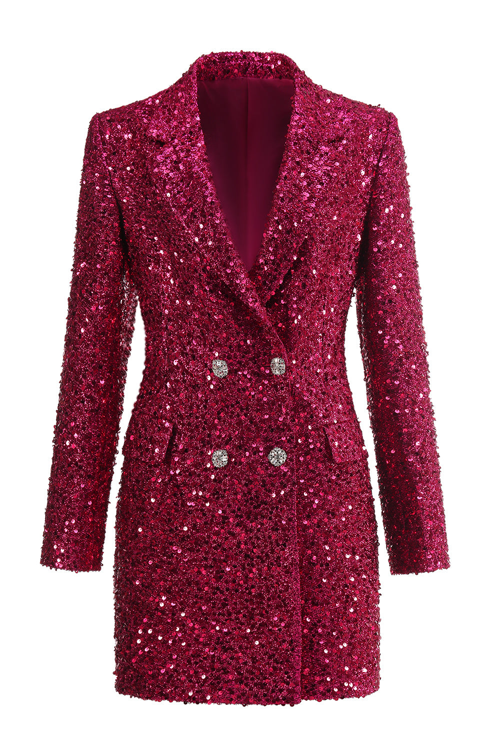 Leely Sparkly Fuchsia Sequined Double Breasted Maxi Women's Blazer
