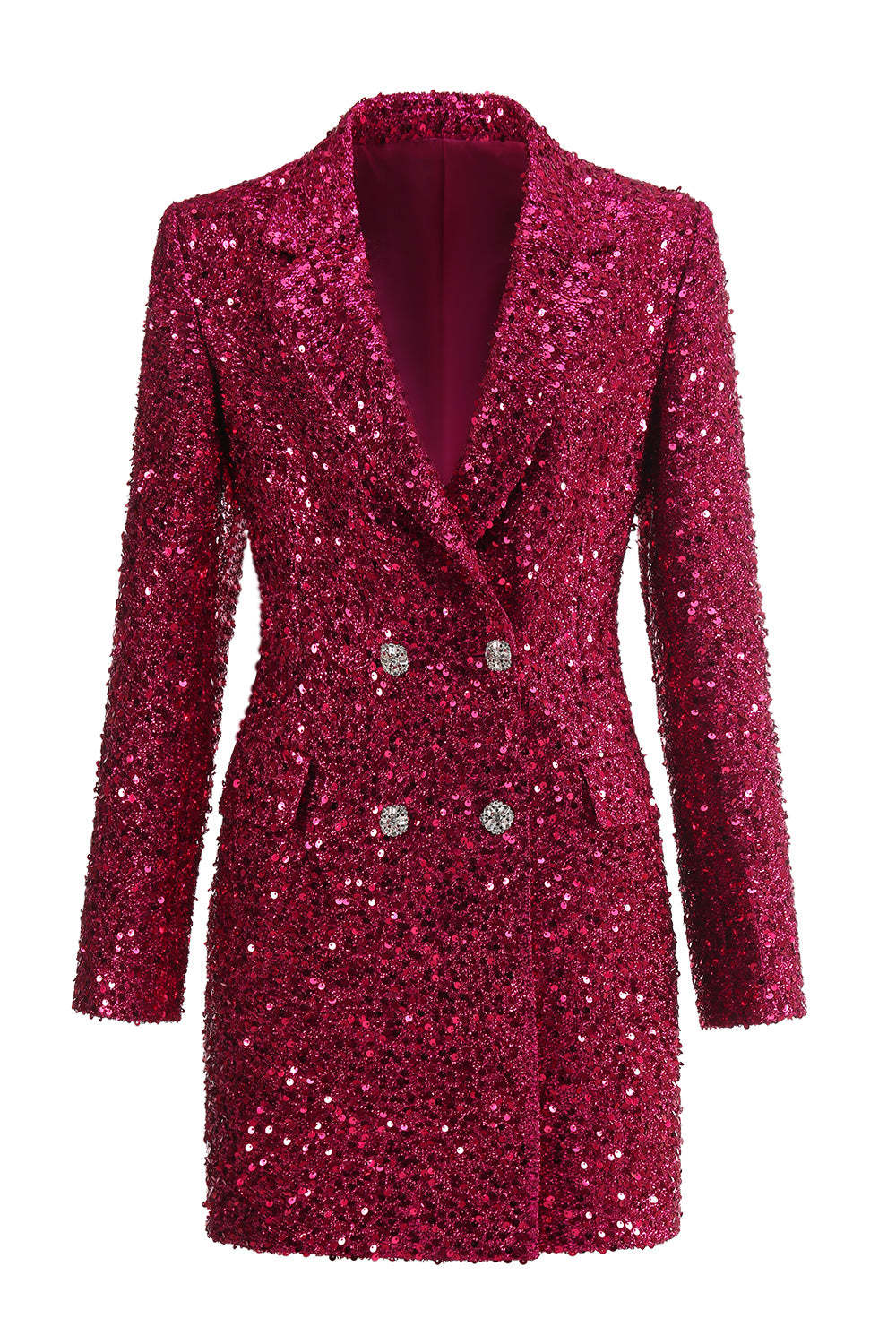 Leely Sparkly Fuchsia Sequined Double Breasted Maxi Women's Blazer