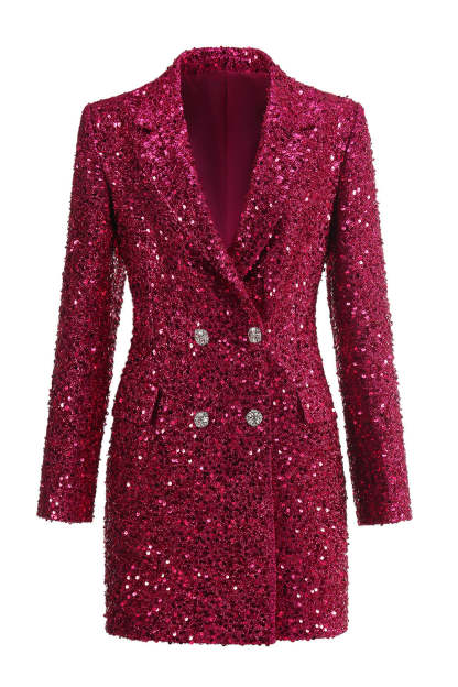 Leely Sparkly Fuchsia Sequined Double Breasted Maxi Women's Blazer