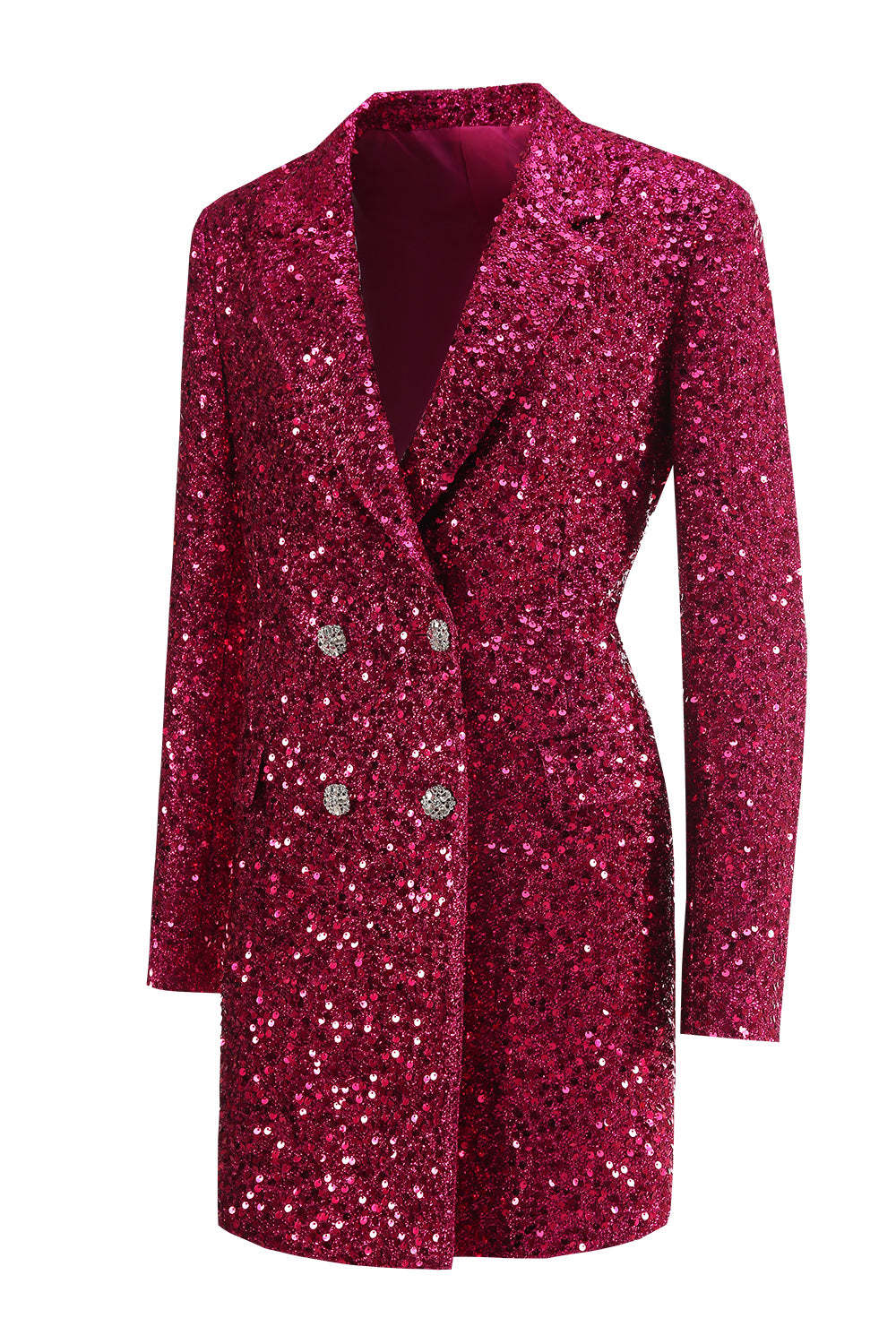 Sparkly Fuchsia Sequined Double Breasted Maxi Women's Blazer