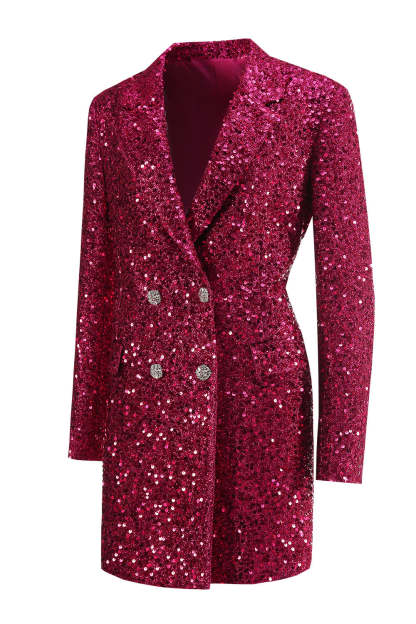 Sparkly Fuchsia Sequined Double Breasted Maxi Women's Blazer