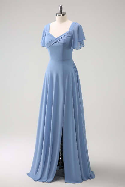 Grey Blue A Line Chiffon Long Bridesmaid Dress with Slit