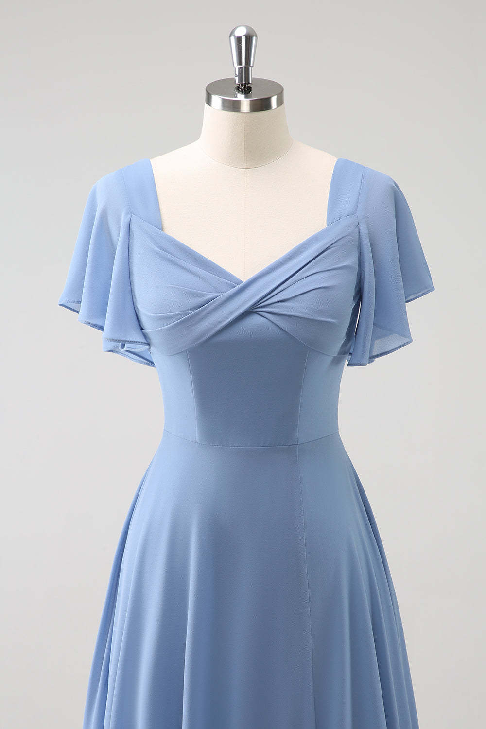 Grey Blue A Line Chiffon Long Bridesmaid Dress with Slit