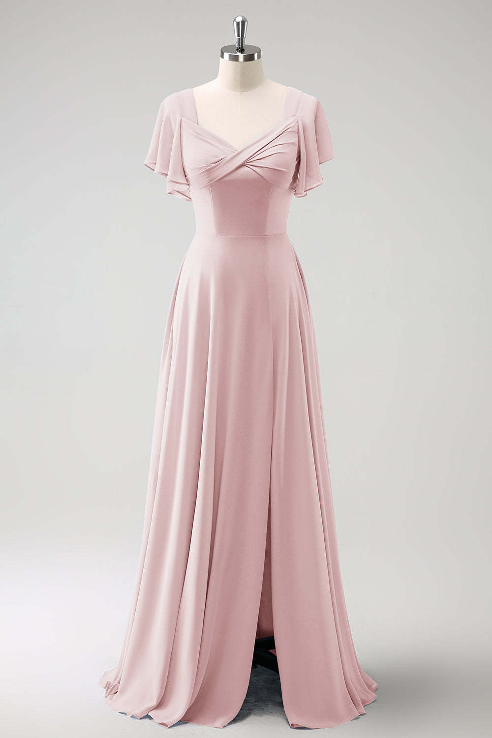 Grey Blue A Line Ruffle Sleeves Chiffon Bridesmaid Dress with Slit