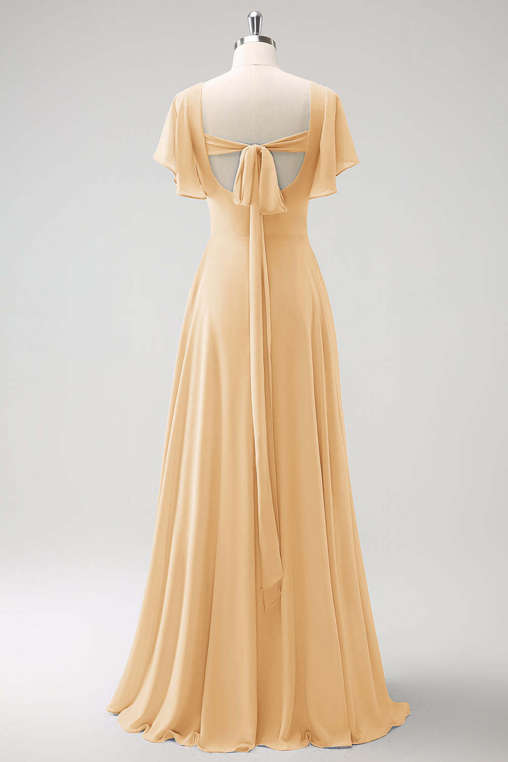 Grey Blue A Line Ruffle Sleeves Chiffon Bridesmaid Dress with Slit