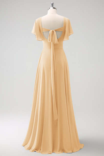 Grey Blue A Line Ruffle Sleeves Chiffon Bridesmaid Dress with Slit