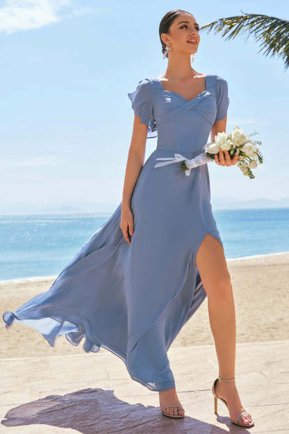 Leely Women Grey Blue Bridesmaid Dress with Slit A Line Chiffon Long Wedding Guest Dress with Puff Sleeves