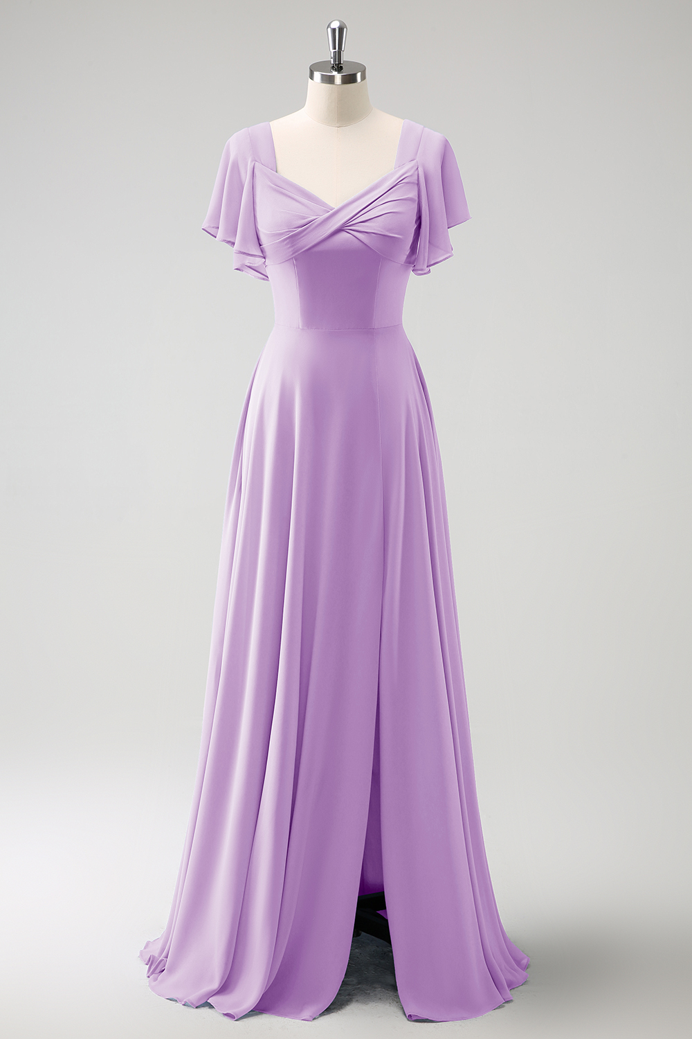 Grey Blue A Line Ruffle Sleeves Chiffon Bridesmaid Dress with Slit