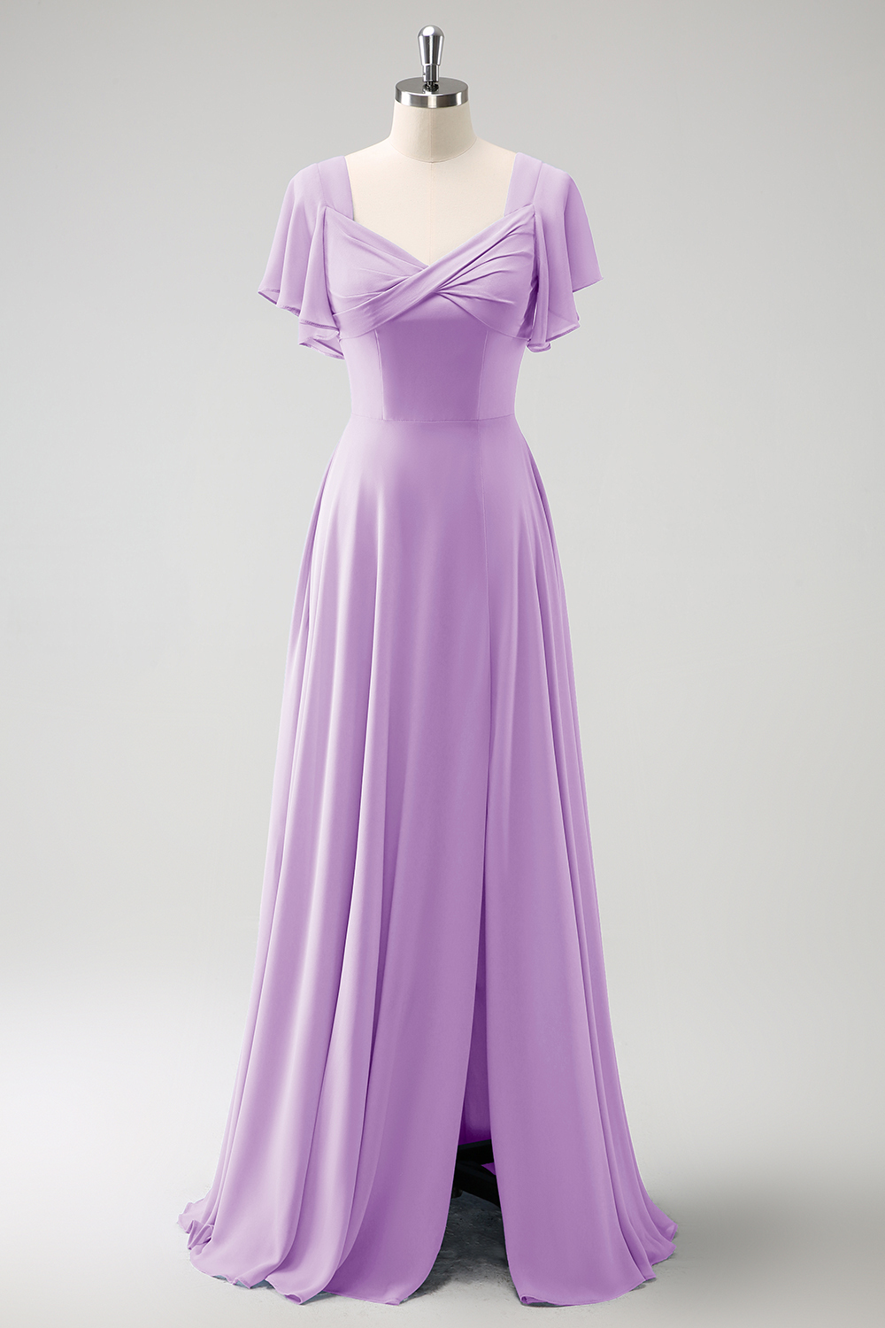 Grey Blue A Line Ruffle Sleeves Chiffon Bridesmaid Dress with Slit