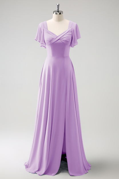 Grey Blue A Line Ruffle Sleeves Chiffon Bridesmaid Dress with Slit