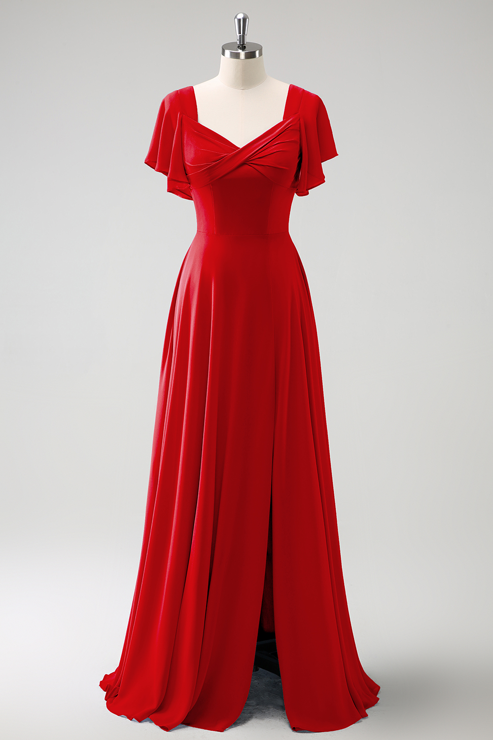 Grey Blue A Line Ruffle Sleeves Chiffon Bridesmaid Dress with Slit