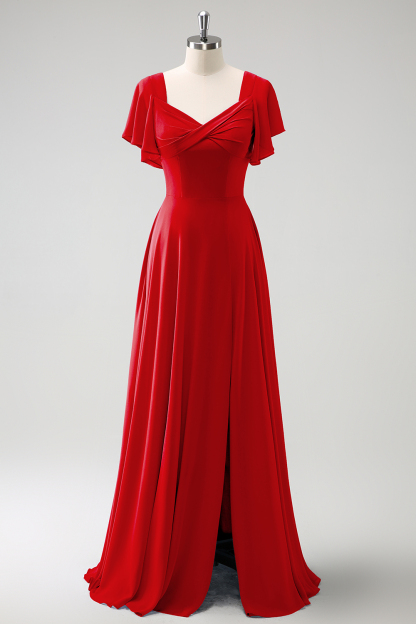 Grey Blue A Line Ruffle Sleeves Chiffon Bridesmaid Dress with Slit