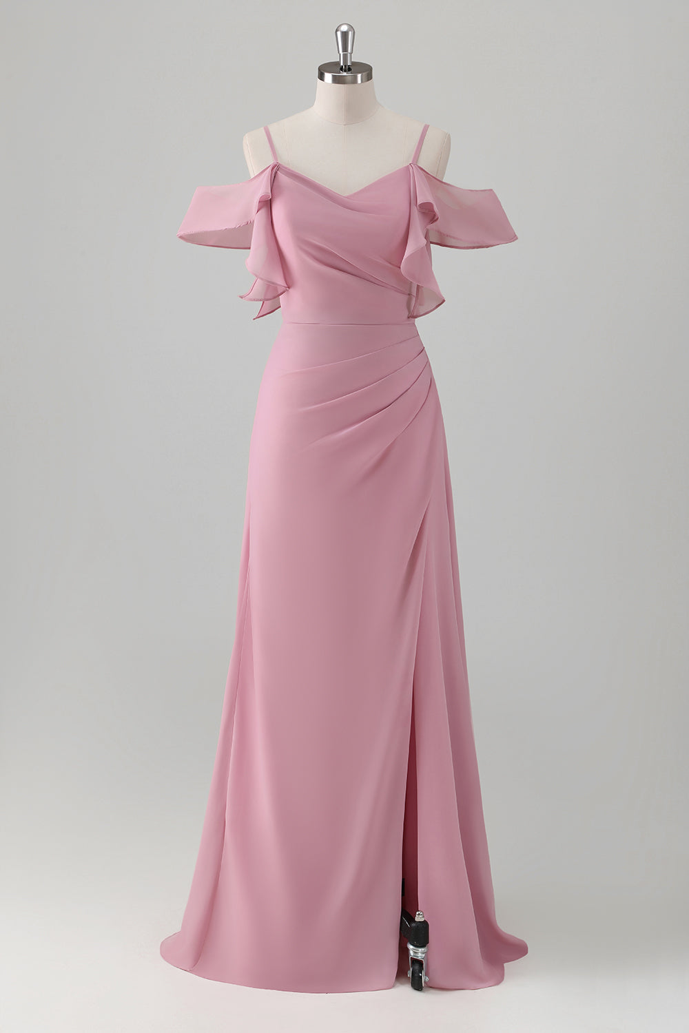 Leely Women Pink Cold Shoulder Chiffon Bridesmaid Dress with Slit A-Line Long Wedding Guest Dress
