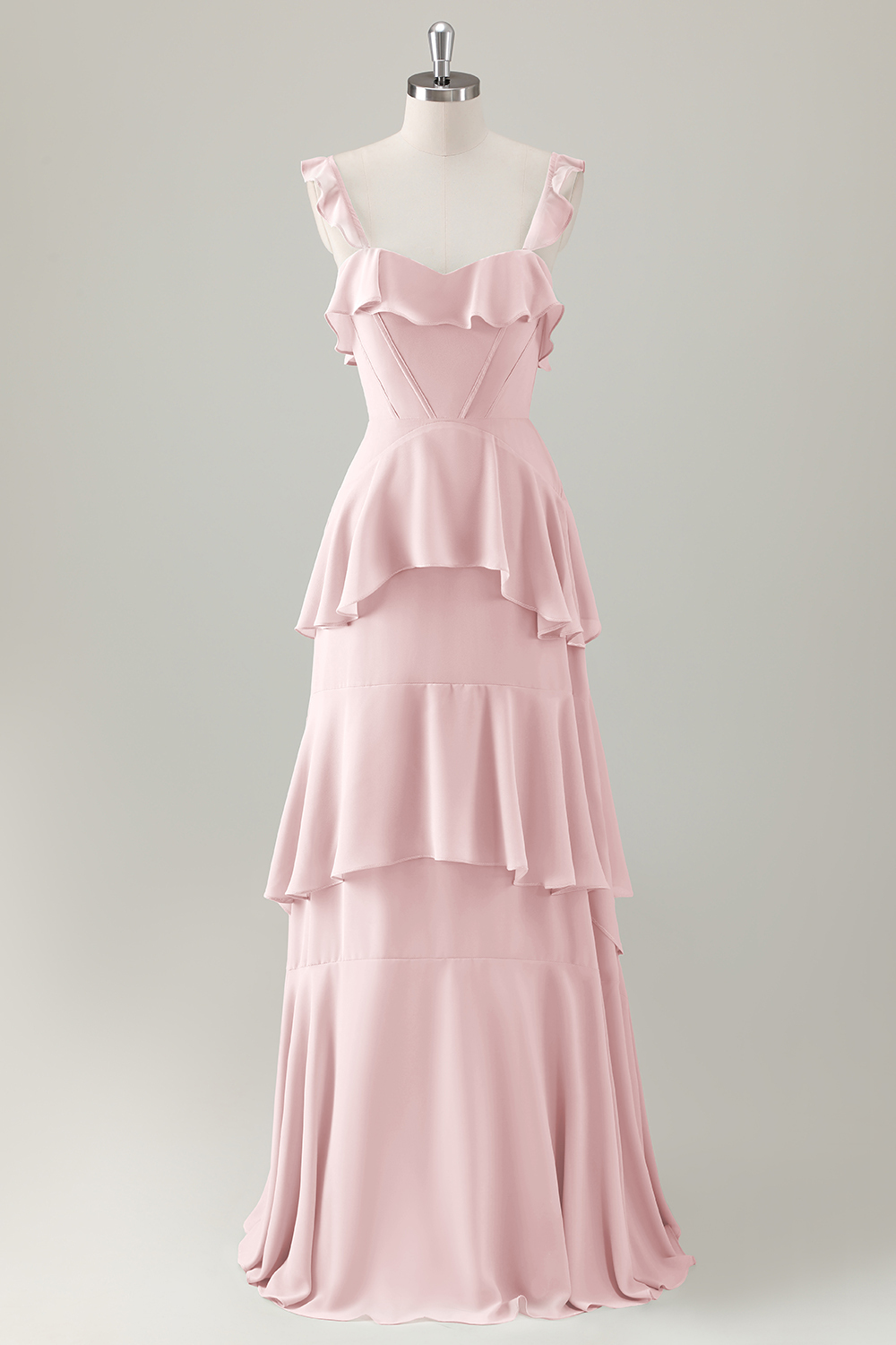 Light Green A-Line Ruffle Tiered Chiffon Corset Long Bridesmaid Dress