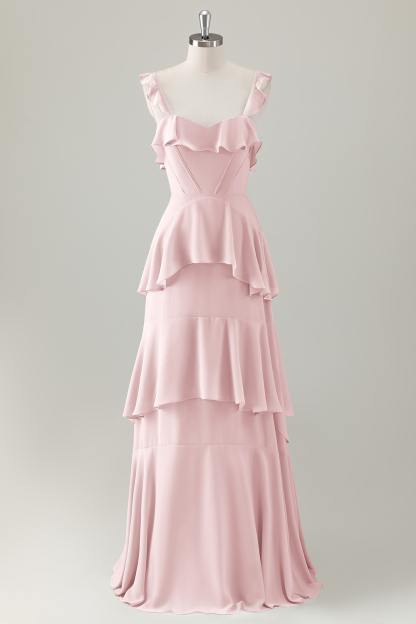 Light Green A-Line Ruffle Tiered Chiffon Corset Long Bridesmaid Dress