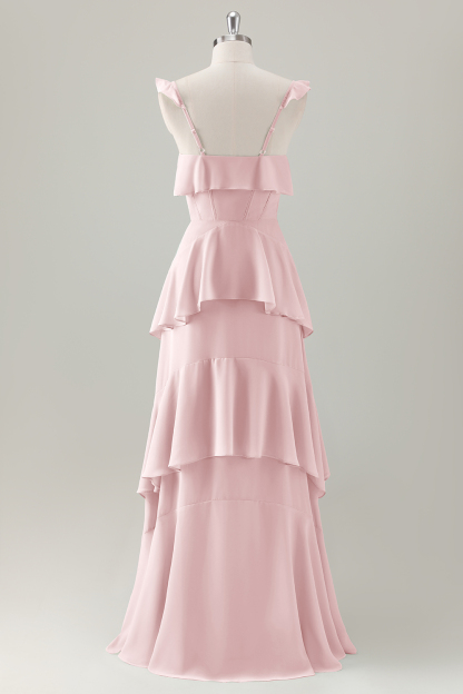 Light Green A-Line Ruffle Tiered Chiffon Corset Long Bridesmaid Dress