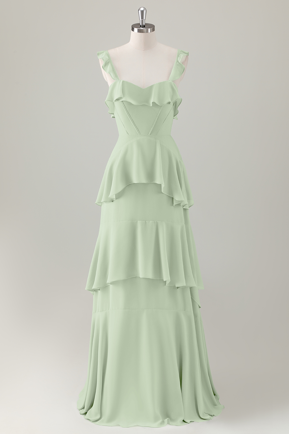 Light Green A-Line Ruffle Tiered Chiffon Corset Long Bridesmaid Dress