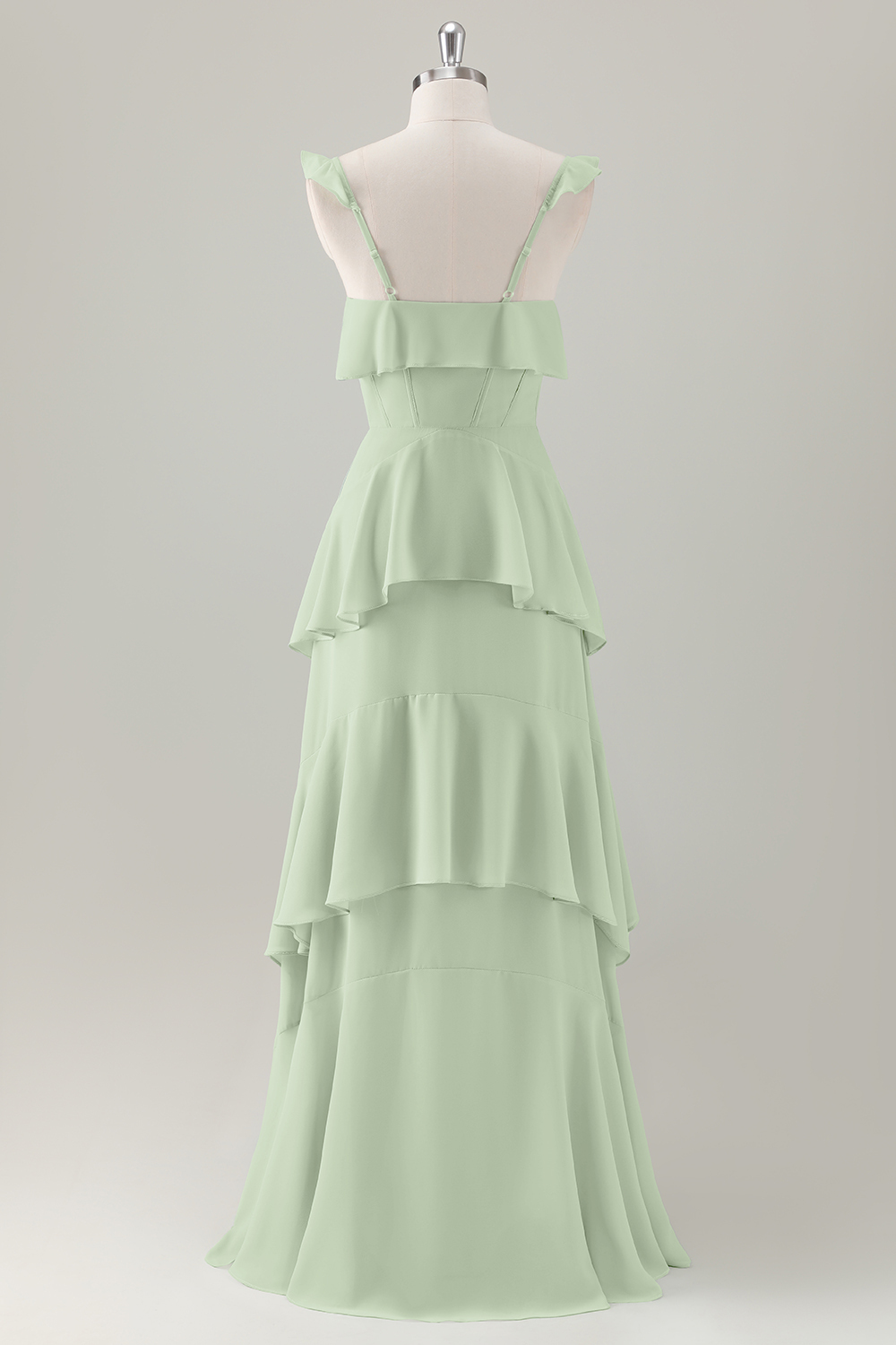 Light Green A-Line Ruffle Tiered Chiffon Corset Long Bridesmaid Dress