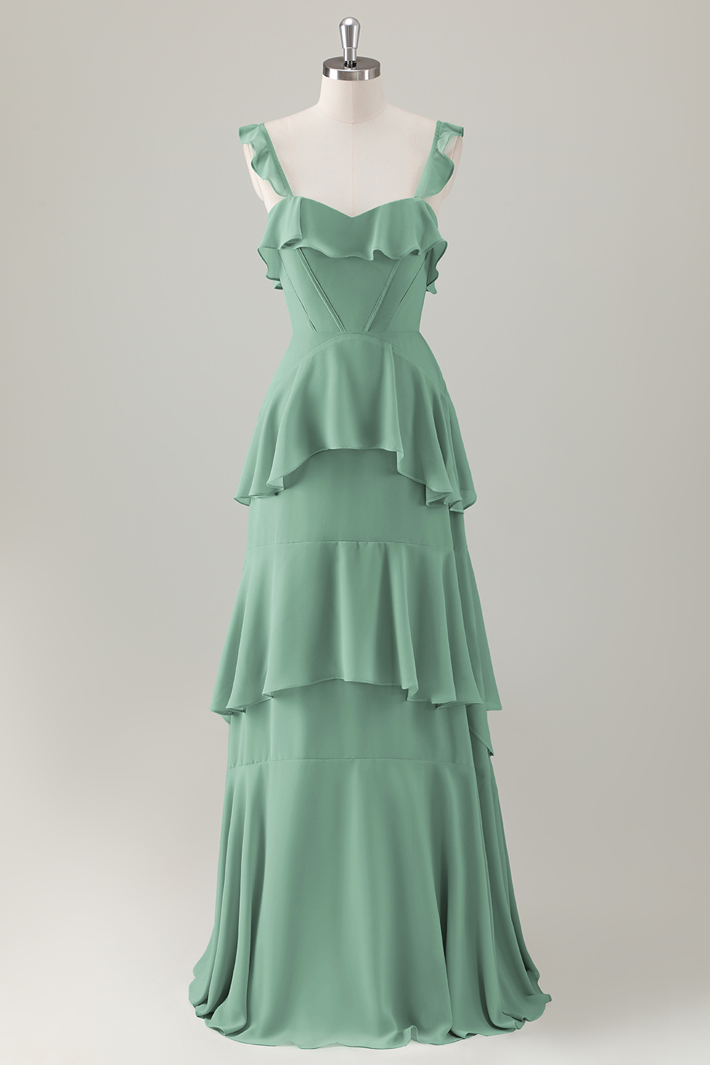 Light Green A-Line Ruffle Tiered Chiffon Corset Long Bridesmaid Dress