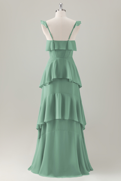 Light Green A-Line Ruffle Tiered Chiffon Corset Long Bridesmaid Dress