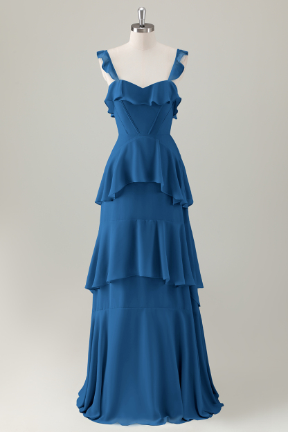 Leely Women Light Green Bridesmaid Dress A-Line Ruffle Tiered Chiffon Corset Long Wedding Party Dress