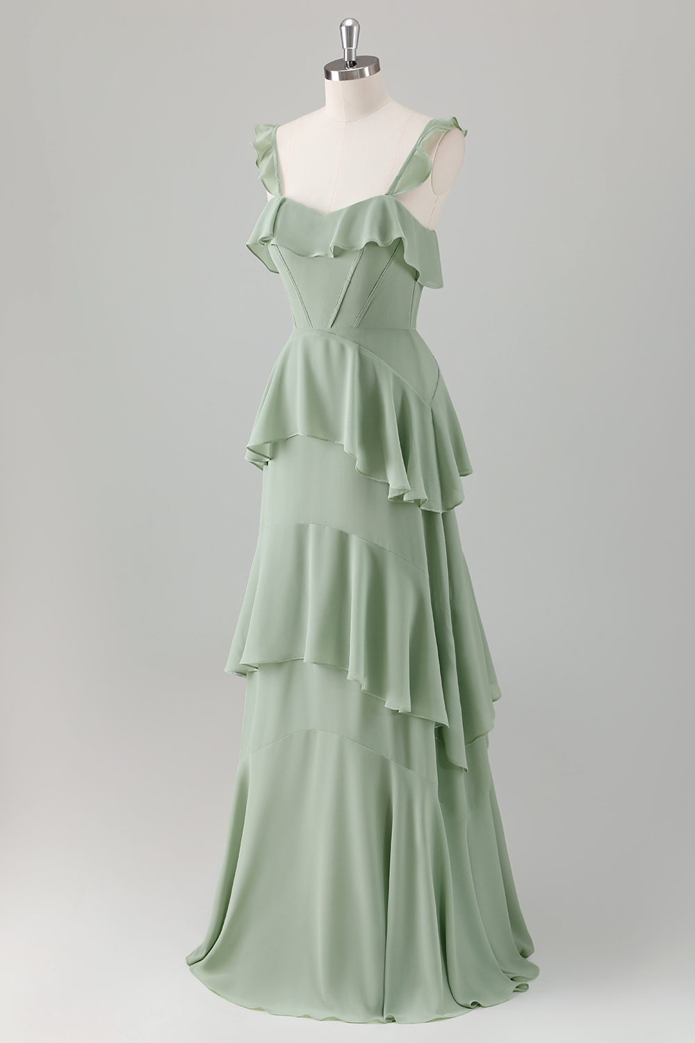 Light Green A-Line Ruffle Tiered Chiffon Corset Long Bridesmaid Dress