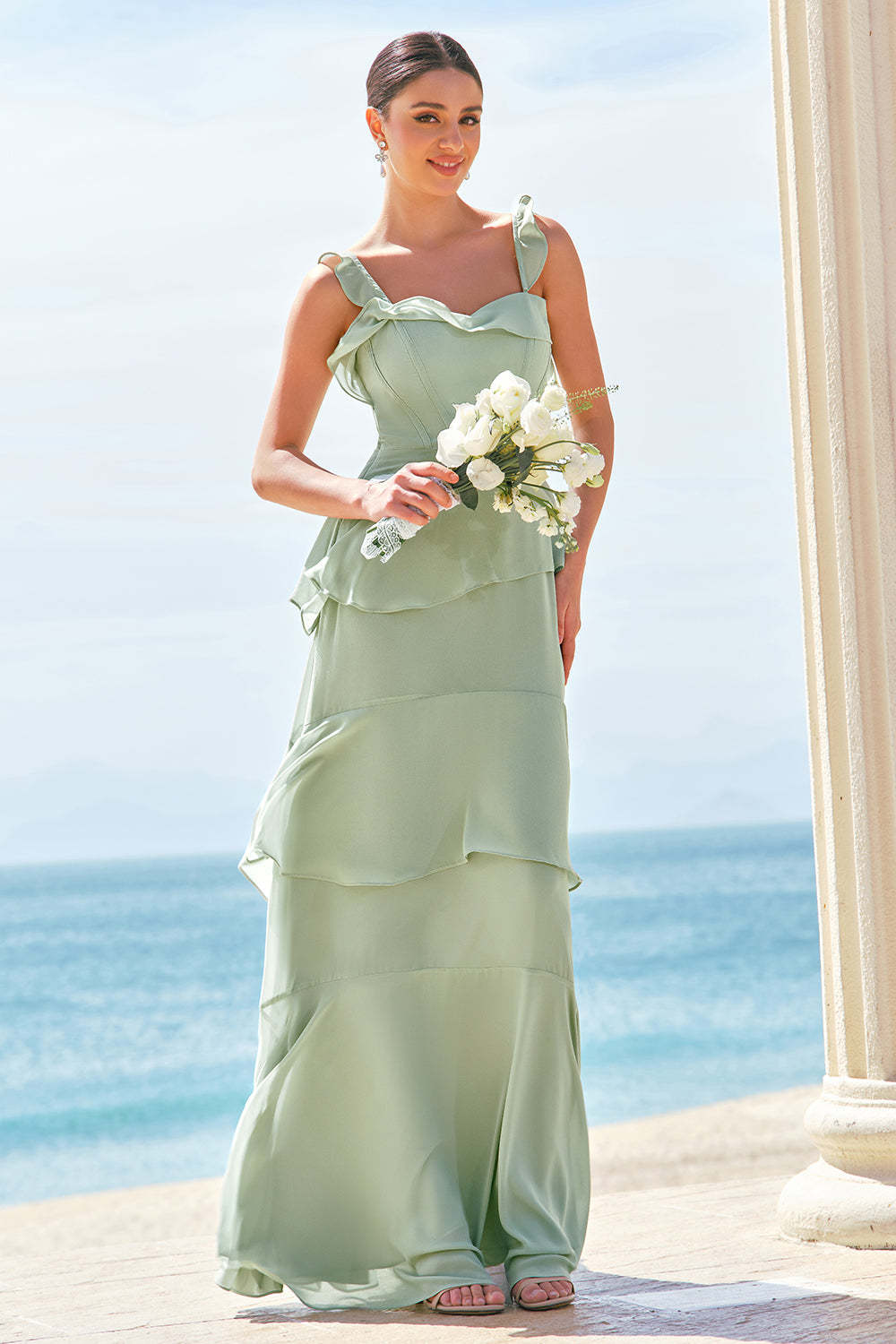 Leely Women Light Green Bridesmaid Dress A-Line Ruffle Tiered Chiffon Corset Long Wedding Party Dress