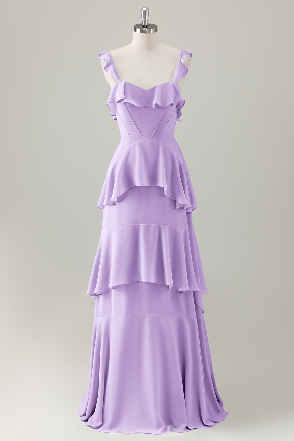 Light Green A-Line Ruffle Tiered Chiffon Corset Long Bridesmaid Dress