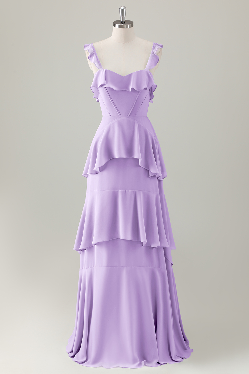 Light Green A-Line Ruffle Tiered Chiffon Corset Long Bridesmaid Dress