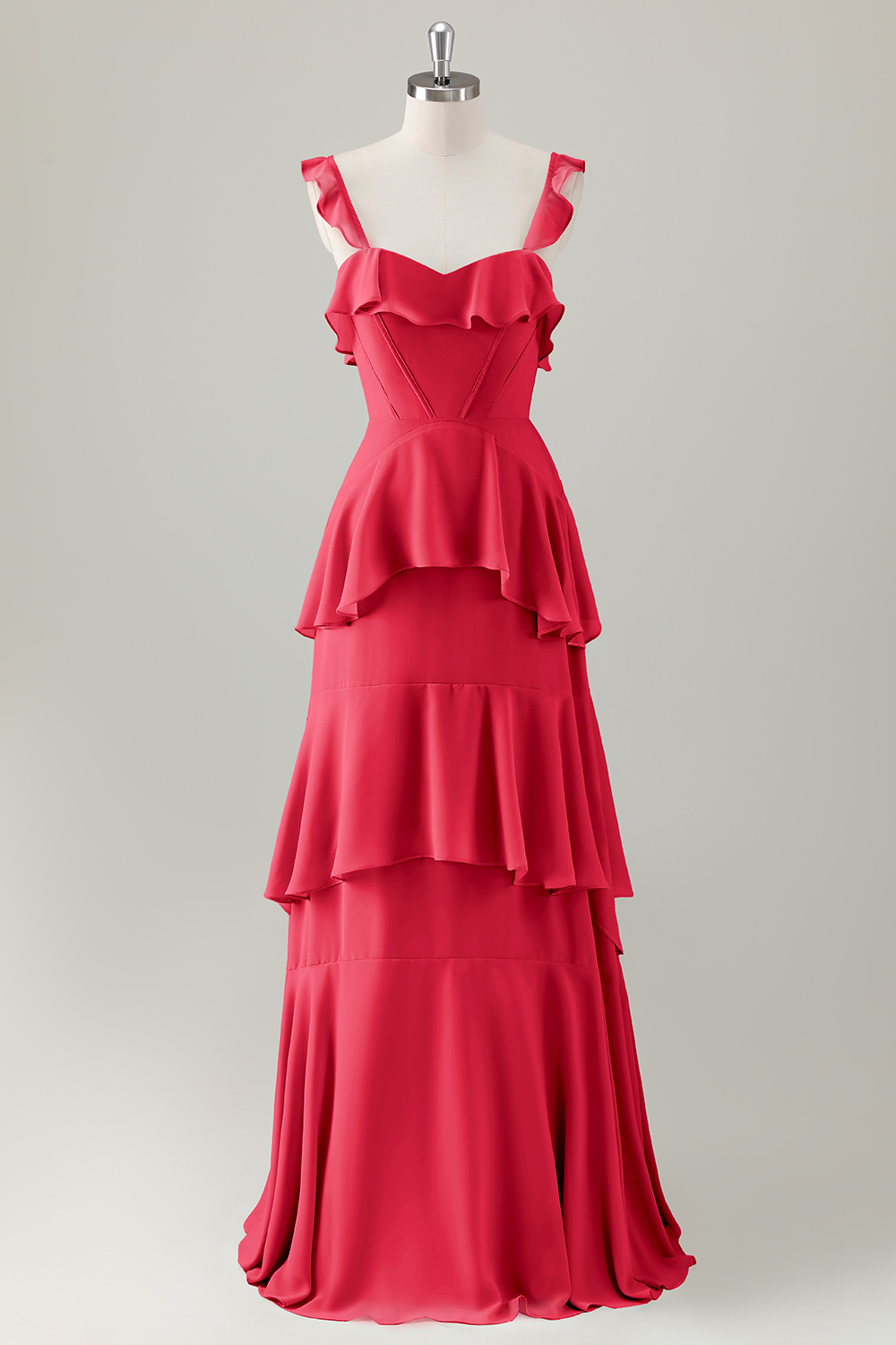 Light Green A-Line Ruffle Tiered Chiffon Corset Long Bridesmaid Dress