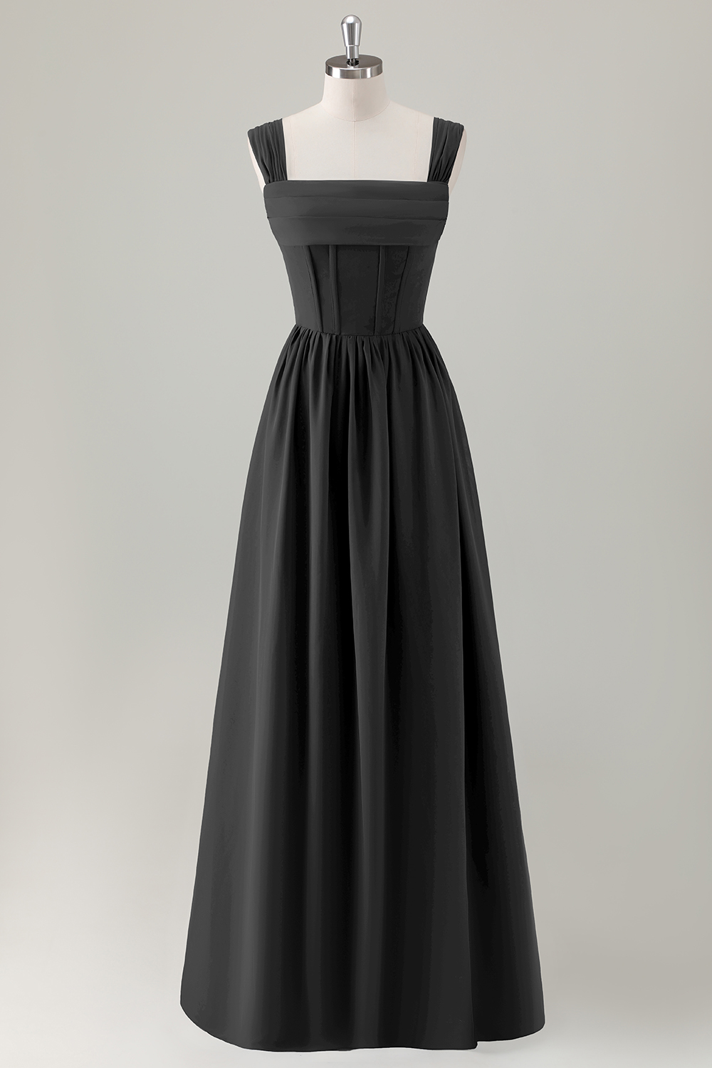 Dark Blue A-Line Square Neck Corset Long Bridesmaid Dress with Lace Up Back