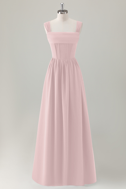 Dark Blue A-Line Square Neck Corset Long Bridesmaid Dress with Lace Up Back