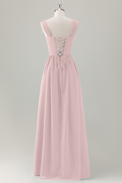 Dark Blue A-Line Square Neck Corset Long Bridesmaid Dress with Lace Up Back