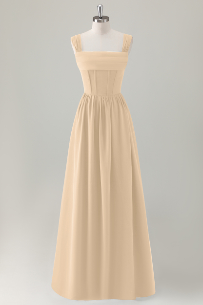 Dark Blue A-Line Square Neck Corset Long Bridesmaid Dress with Lace Up Back