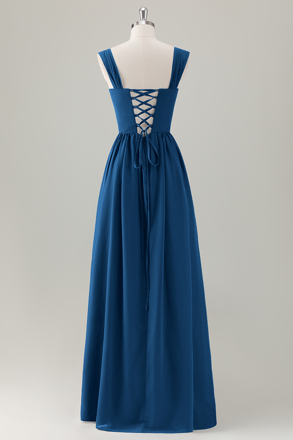 Dark Blue A-Line Square Neck Corset Long Bridesmaid Dress with Lace Up Back