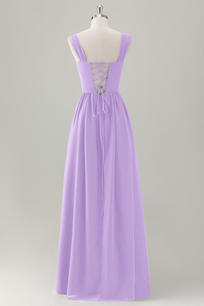 Dark Blue A-Line Square Neck Corset Long Bridesmaid Dress with Lace Up Back