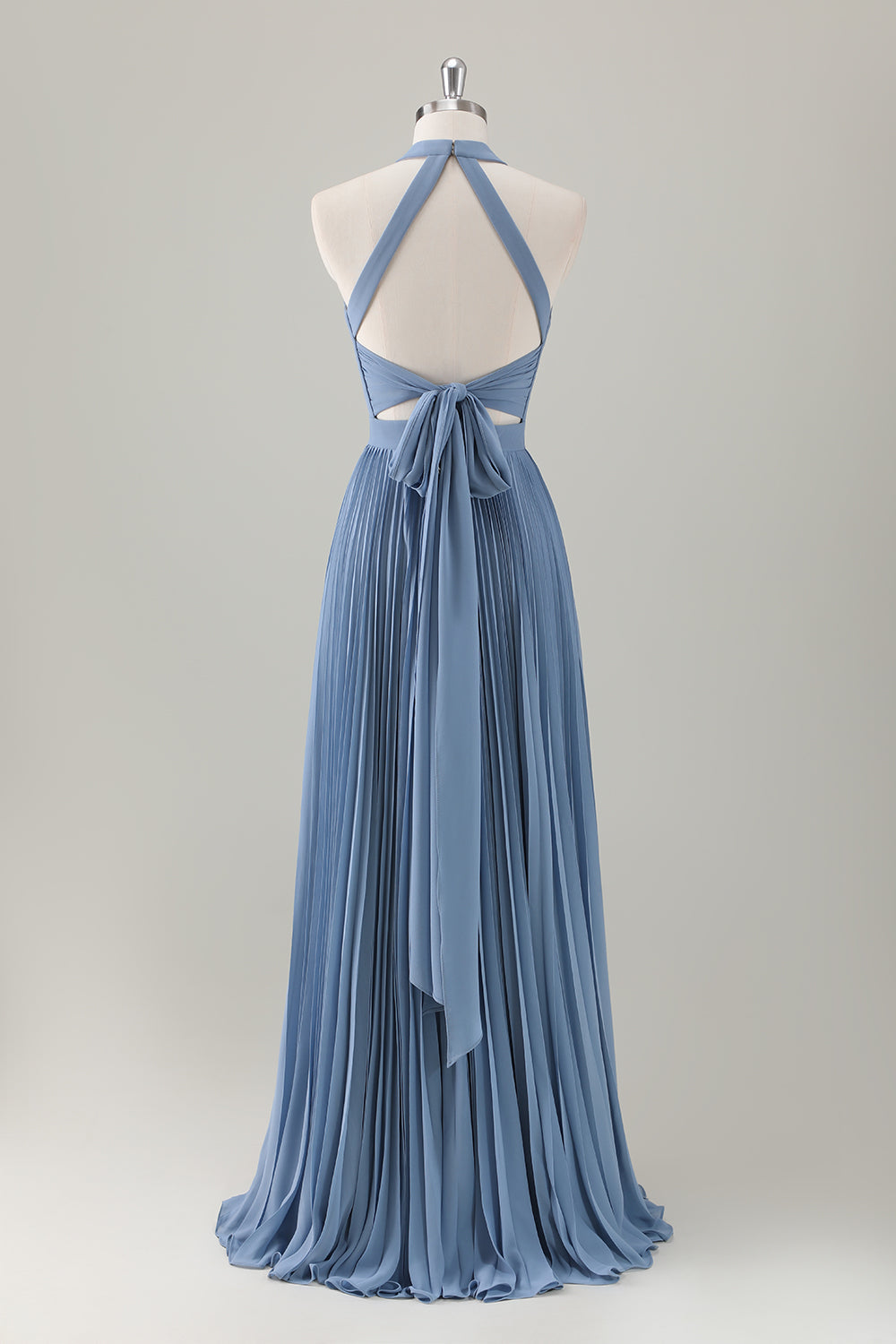 Grey Blue Halter Pleated Backless A-Line Bridesmaid Dress with Slit