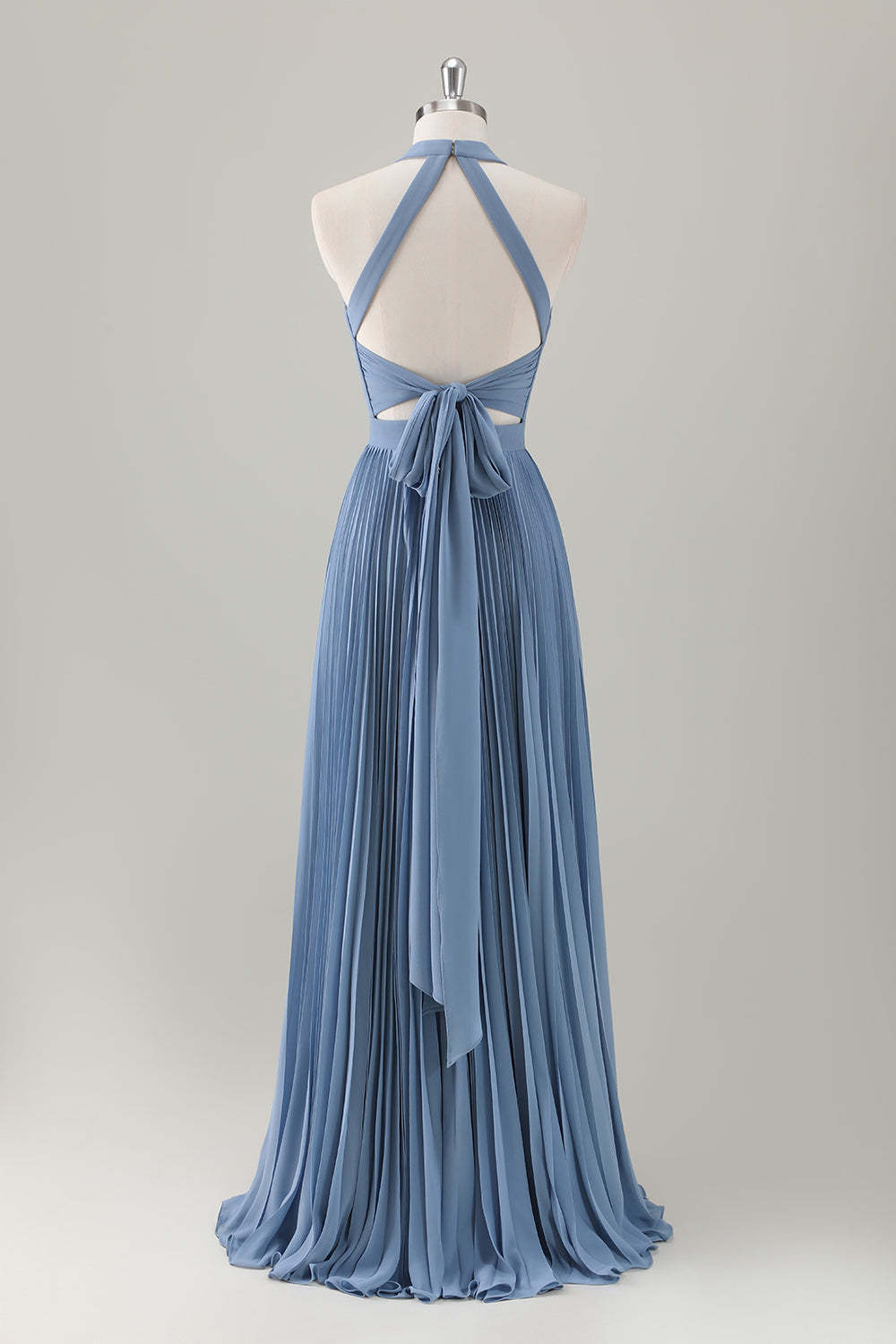 Grey Blue Halter Pleated Backless A-Line Bridesmaid Dress with Slit