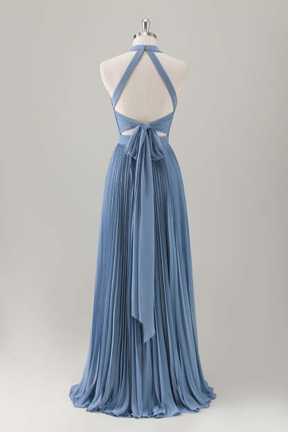 Grey Blue Halter Pleated Backless A-Line Bridesmaid Dress with Slit