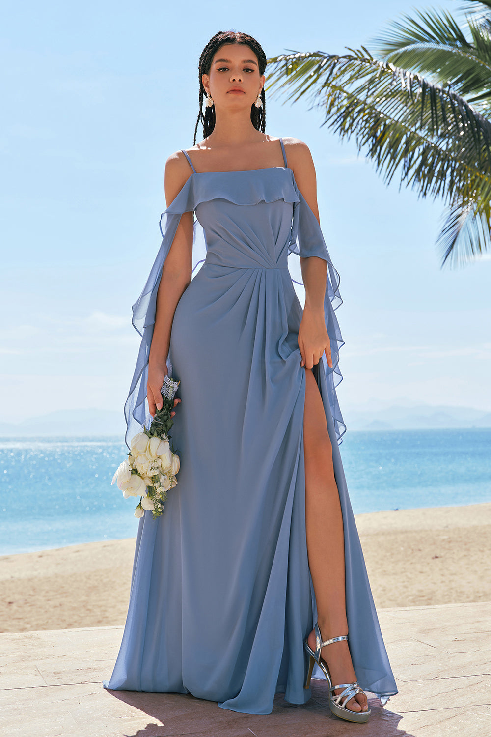 Grey Blue A-Line Chiffon Ruffled Bridesmaid Dress with Slit