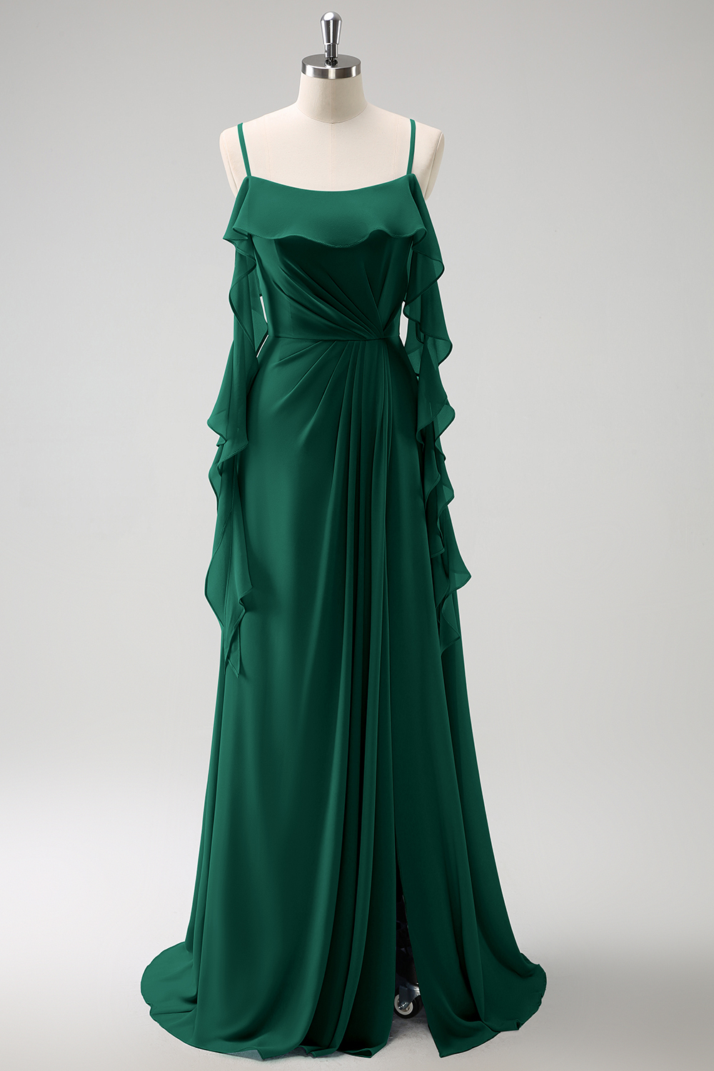 Grey Blue A-Line Spaghetti Straps Chiffon Long Bridesmaid Dress with Slit