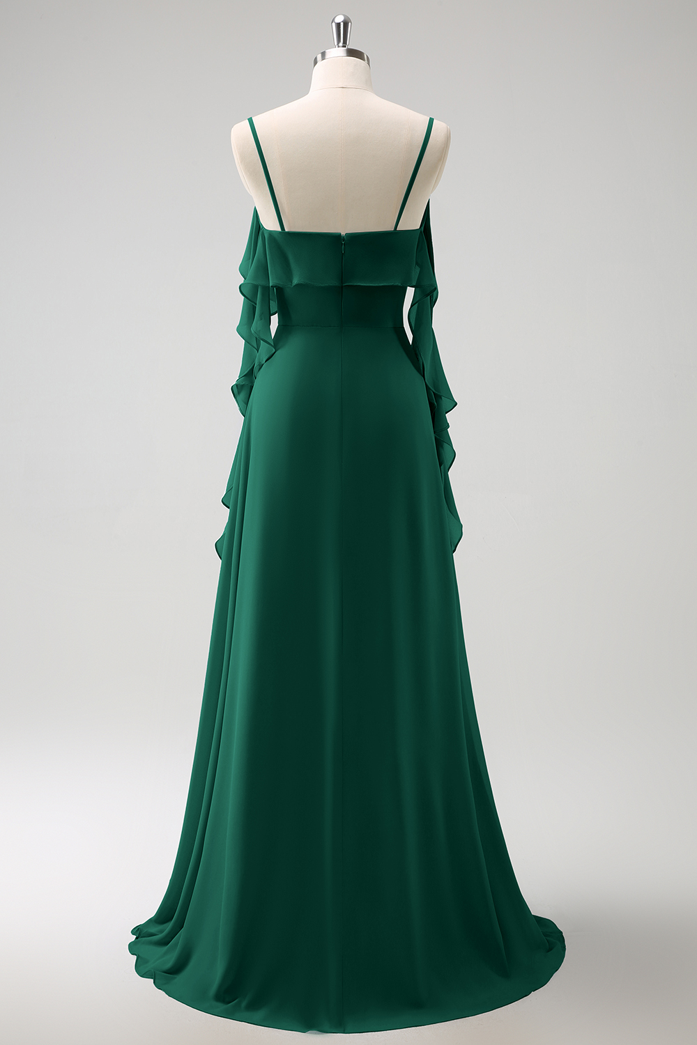 Grey Blue A-Line Spaghetti Straps Chiffon Long Bridesmaid Dress with Slit