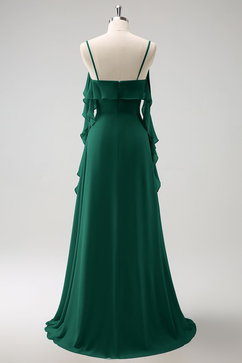 Grey Blue A-Line Spaghetti Straps Chiffon Long Bridesmaid Dress with Slit