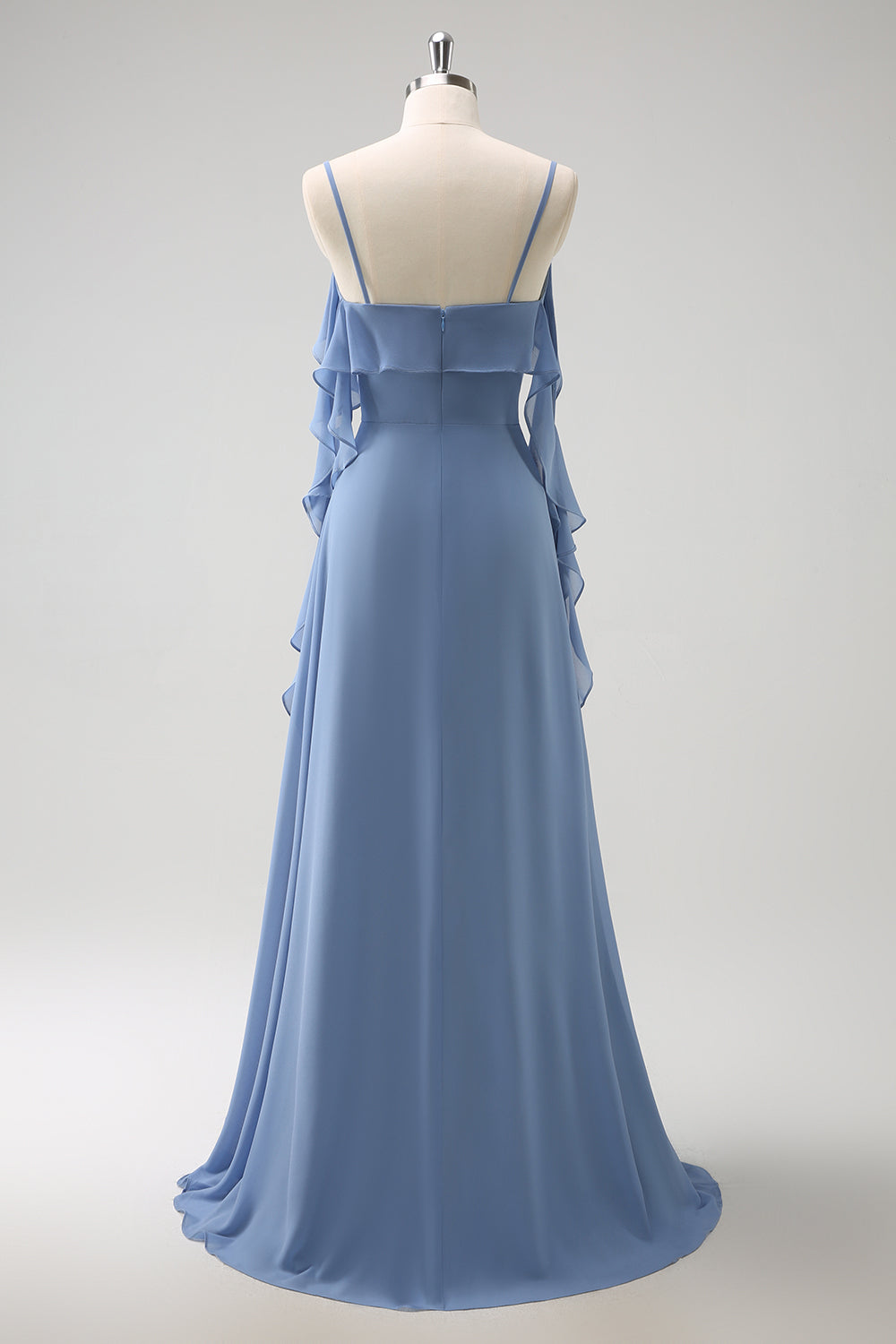 Grey Blue A-Line Chiffon Ruffled Bridesmaid Dress with Slit