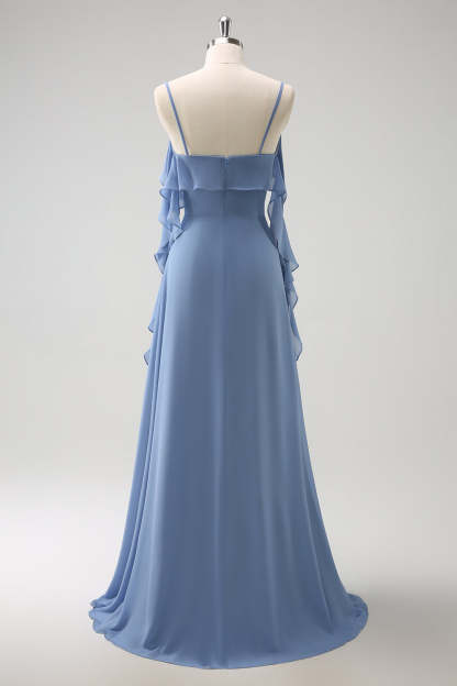Grey Blue A-Line Chiffon Ruffled Bridesmaid Dress with Slit
