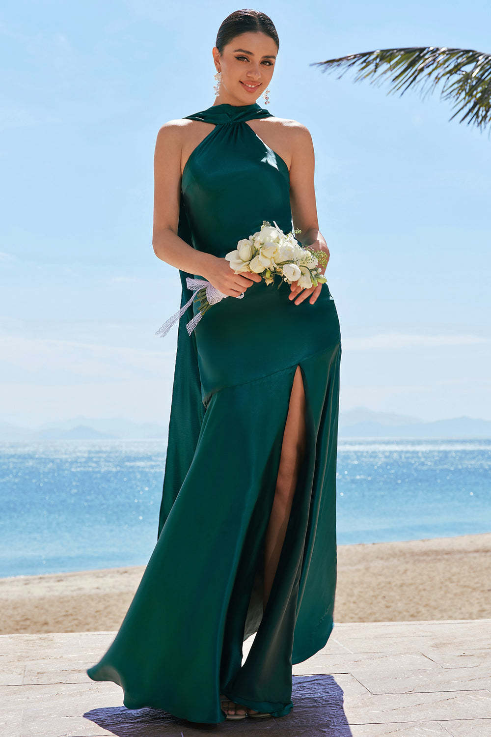 Dark Green Halter Mermaid Watteau Train Bridesmaid Dress with Slit