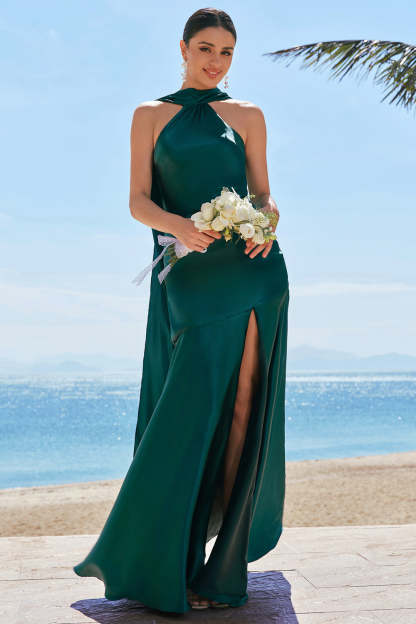 Dark Green Halter Mermaid Watteau Train Bridesmaid Dress with Slit