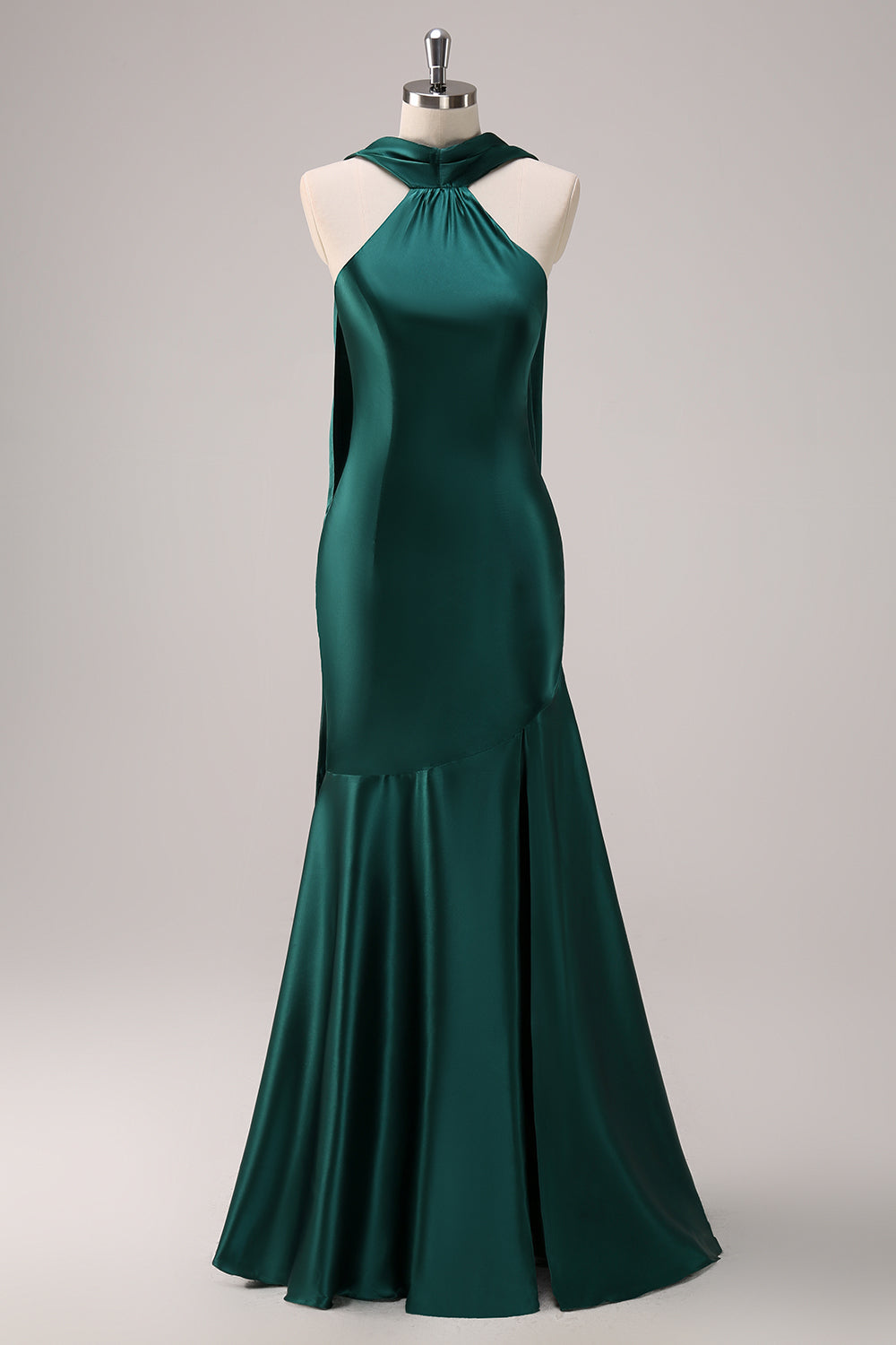 Leely Women Dark Green Bridesmaid Dress Halter Satin Mermaid Floor-Length Wedding Party Dress with Sash